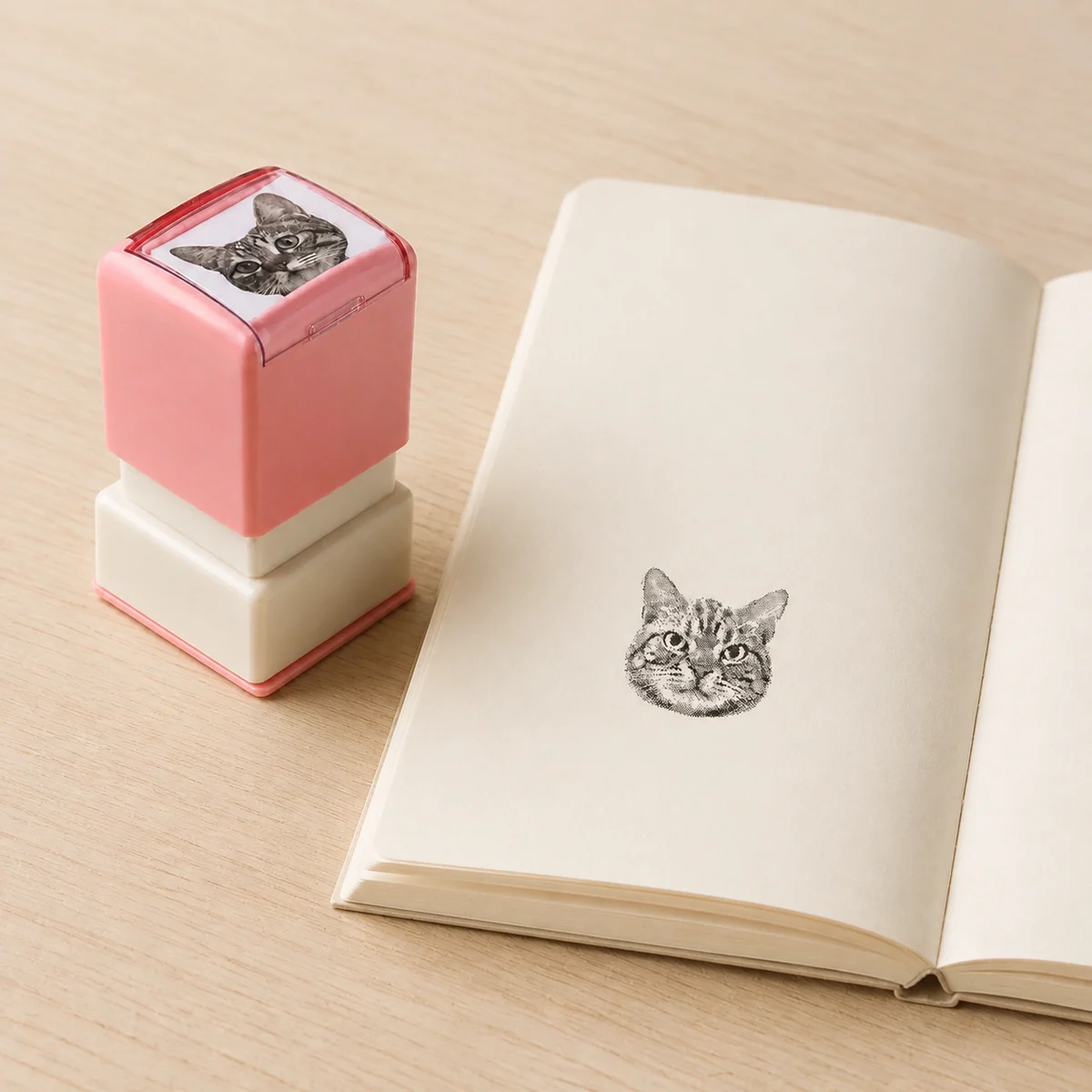 Pet stamp beside a tabby ink impression in a notebook