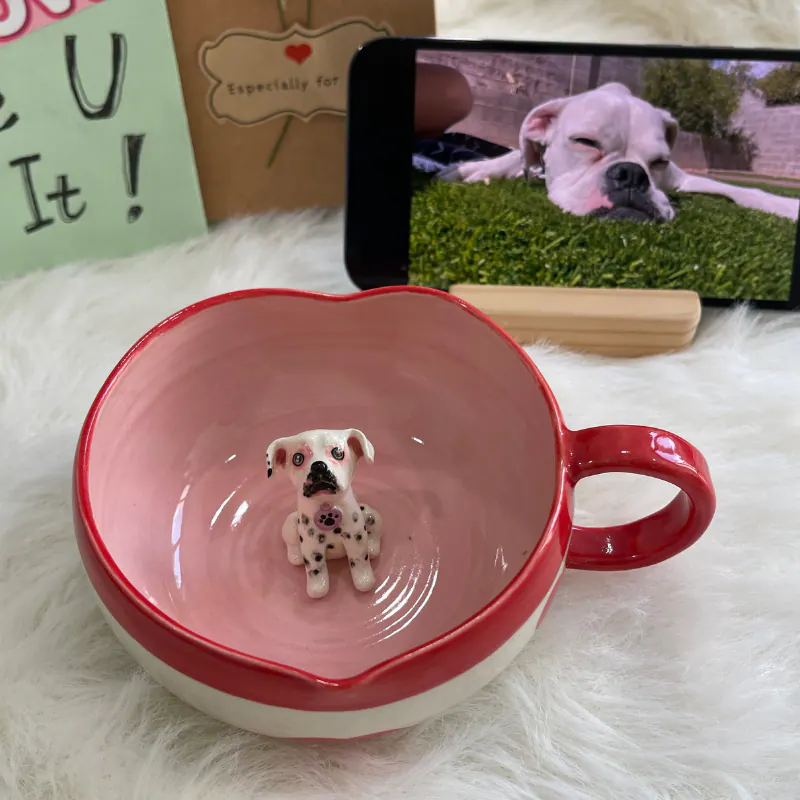 Handmade Custom Pet’s Figure Ceramic Heart Mug – Best Valentine’s Day Gift — view 2